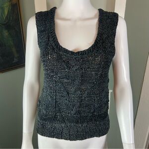 Vintage 80s Bonjour Leather Cable Knit Vest Sleeveless Tank Top Crochet Woven S